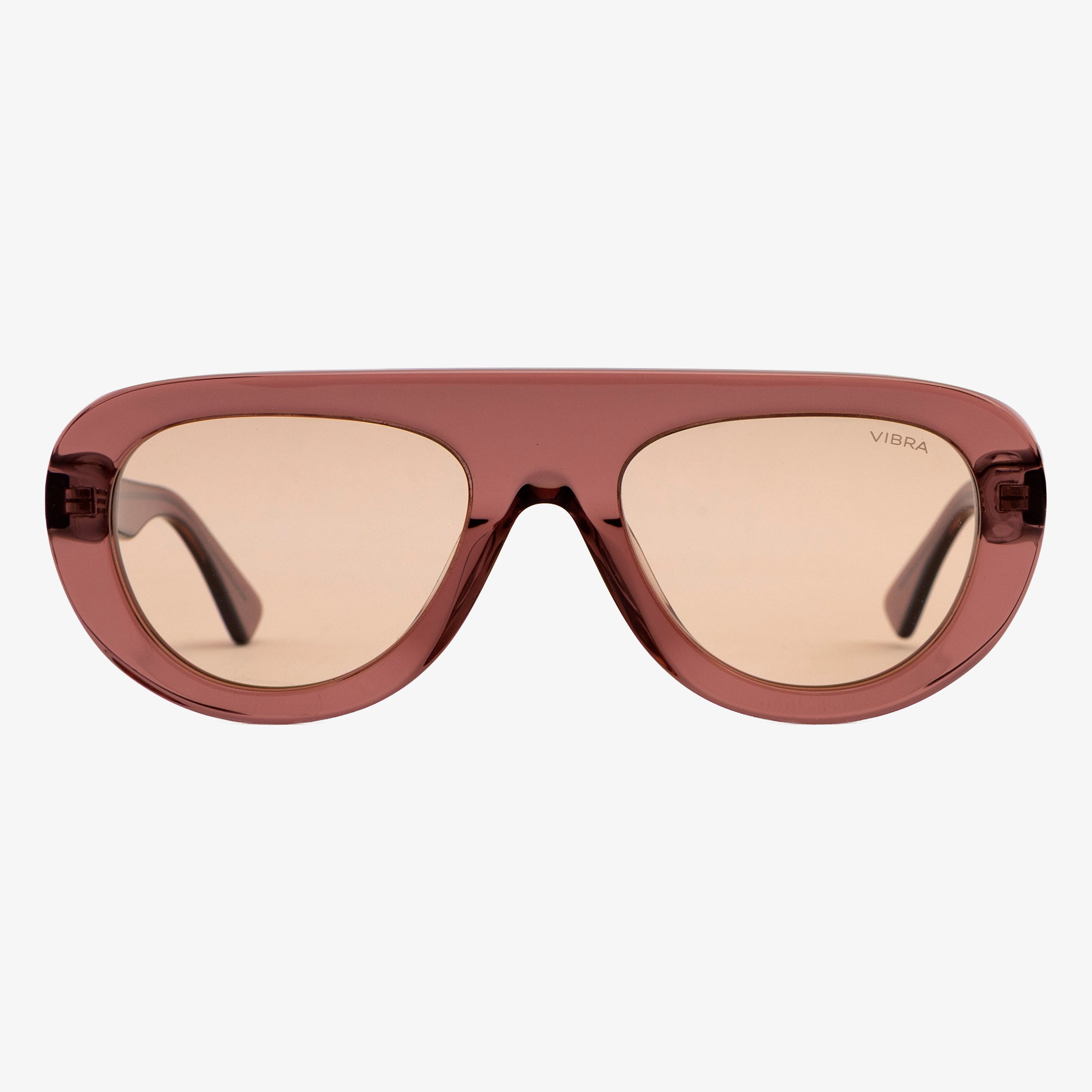 Occhiali da sole INDIRA, montatura rosa trasparente, lenti champagne, vista frontale