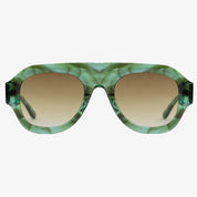 Occhiali da sole STUSSY, montatura rigata verde, lenti marroni sfumate, vista frontale